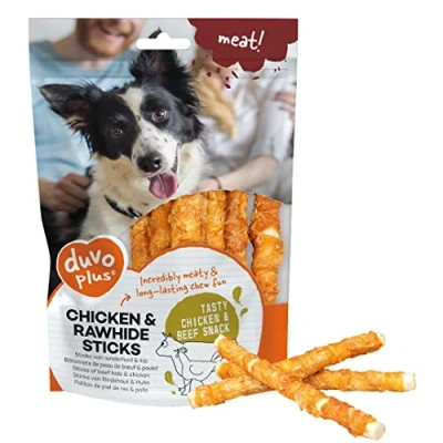 Afbeelding van Duvo+ Meat! Kip &amp; Runderhuid Sticks Hondensnack Small 12,5cm + 9st 100gr