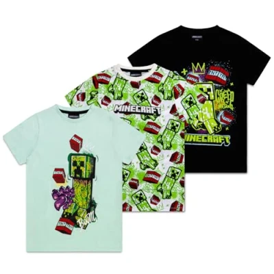 Afbeelding van Minecraft Set van 3 T shirts voor jongens, stuks Multipack met korte mouwen Summer Gaming Merchandise, Meerkleurig, 9 10 jaar