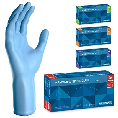 Afbeelding van ARNOMED Wegwerphandschoenen geel extra lang, 30cm in S, nitril handschoenen dik, 100 stuks per doos, rubber maten M, L &amp; XL