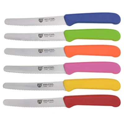 Afbeelding van GRÄWE Tafelmessen, 6 stuks, messenset om te snijden, set van broodmessen, ontbijtmes met eenzijdige gekartelde rand, mes 21 cm, roze