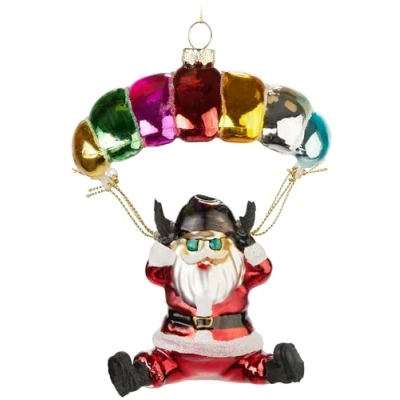 Afbeelding van BRUBAKER Kerstman met Parachute Kleurrijk Handgeschilderde Kerstbal van Glas 13 cm Boombal Parachutist Mondgeblazen Kerstboomversiering Kerstversiering Hangerfiguur