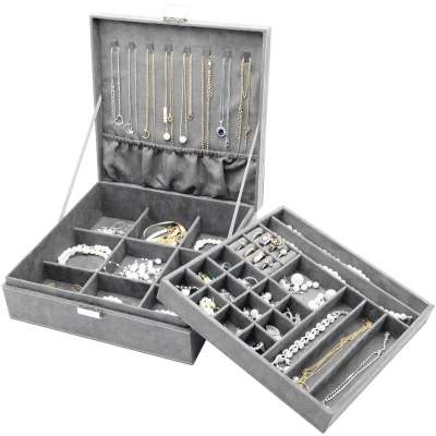 Afbeelding van ProCase Sieradendoos organizer voor Dames, Tweelaags Sieraden Display opbergkoffer met 8 Kettinghangers en Verwijderbare Scheidingswand Oorbellen, Armbanden, Ringen, Horloges Grijs