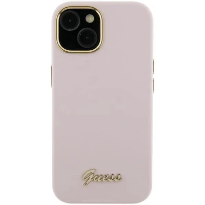 Afbeelding van Guess Silicone Script Metal Logo &amp; Frame hoesje voor iPhone 15 Pro roze