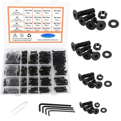 Afbeelding van Rshuhx M3 M4 M5 M6 12,9 graden legering staal zwarte platte kop bouten en moeren sluitringen set uitgerust met een inbussleutel classificatieveld 500 stuks