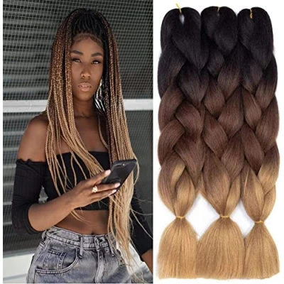 Afbeelding van FanYu 3 packs Ombre Vlechten Hair Extensions Kanekalon Jumbo 24 Inch Haar Synthetisch Voor Haak Twist (Zwart Donkerbruin Lichtbruin) )
