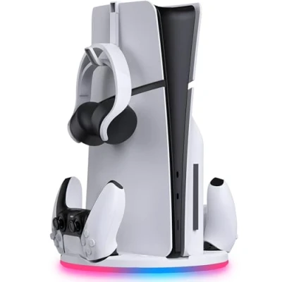 Afbeelding van standaard met dubbele controlleroplader voor PS5 Slim verticale console headsethaak PlayStation 5 Cool RGB verlichting efficiënt opladen oplaadstation Dualsense en Edge