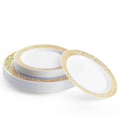 Afbeelding van MATANA 40 Set Premium Witte Herbruikbare Plastic Borden met Gouden Rand Inclusief 20 Diner (26cm) &amp; Dessert (19cm) voor Bruiloften, Verjaardagen, Doopfeesten, Kerstmis en Feesten