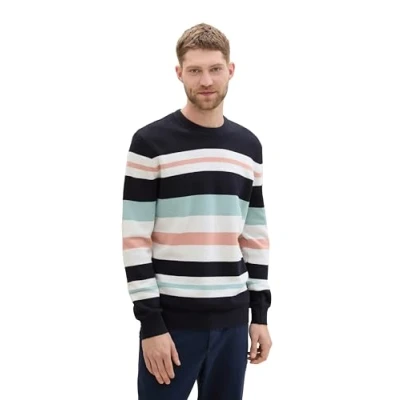 Afbeelding van TOM TAILOR heren trui, 36222 Navy Rose Multi Color Stripe, 3XL