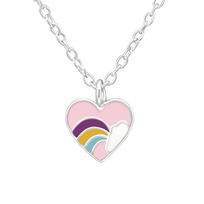 Afbeelding van JoyS Zilveren hartje hanger 7 x mm inclusief ketting 39 cm regenboog met roze voor kinderen