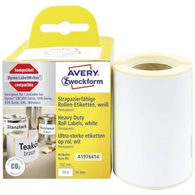 Afbeelding van Avery Zweckform Rol met etiketten Compatibel vervangt DYMO 1976414 59 x 102 mm Folie Wit 50 stuk(s) Permanent hechtend Universele A1976414
