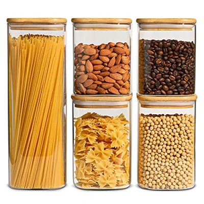 Afbeelding van ComSaf Glazen voorraadpotten met bamboedeksel, set van 5, transparante voorraadpot afsluitdeksel voor bami, bloem, graan, rijst, suiker, thee, koffiebonen, vierkant