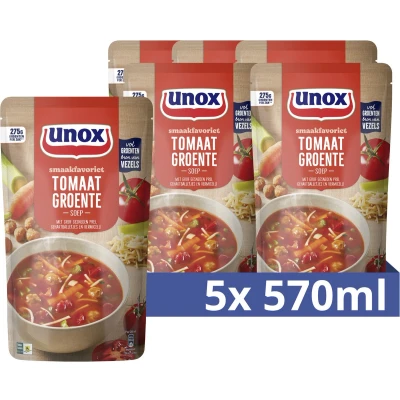 Afbeelding van Unox Smaakfavoriet soep In Zak Tomaat Groente een gevulde met duurzaam verbouwde groenten en Beter Leven gehaktballetjes 5 x 570 ml