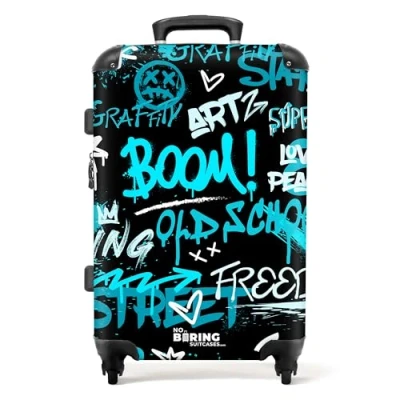 Afbeelding van NoBoringSuitcases.com® Koffer groot Rolkoffer lichtgewicht Street art kunstwerk met blauwe teksten Reiskoffer 4 wielen Grote trolley XL 20 kg bagage