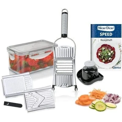 Afbeelding van Genius Nicer Dicer Speed Set 9 delige multischaaf, groentesnijder, groenteschaaf met 3 inzetstukken, snijgoedhouder en opvangbak 550 ml, parmezaanrasp, juliennerrasp V schaaf, zilver