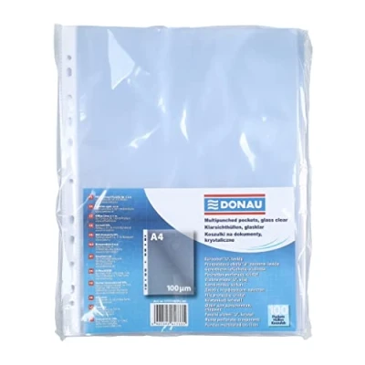 Afbeelding van DONAU Brochurehoezen, sterk, 100 stuks, DIN A4, glashelder, open aan de bovenkant, geperforeerde plastic hoes, PP, transparant, micron