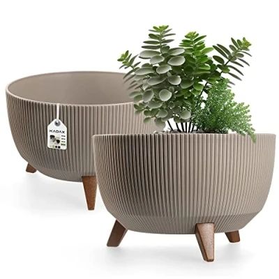 Afbeelding van Kadax Bloempot, van kunststof, met drie insteeksteunen, rond, bloemenschaal, plantenbak, bloembak, voor balkon, woonkamer, 40 cm diameter, taupe
