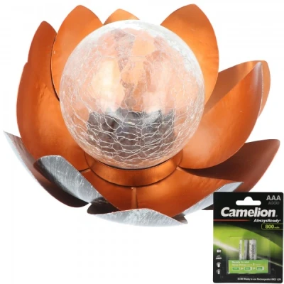 Afbeelding van Decoratieve solar lotusbloem van metaal met glazen bol aangenaam warm wit licht dromerige lichteffecten gebroken glasoptiek 2x reserve...