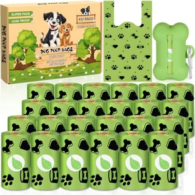 Afbeelding van MKAKYES 432 Stuks Hondenpoepzakjes met Handvat, Lekvrije Poepzakjes Dispenser, voor Honden, Geur, 24 Rollen 34 x 14 cm, Extra Groot, Waterdicht, Scheurvast, Groen