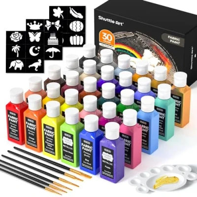 Afbeelding van Shuttle Art textielverf permanent voor kleding, 30 kleuren stoffen verven in flessen (60 ml/2 oz) met borstels, palet, sjablonen, niet giftige T shirt, schoenen, tas, jeans, geen