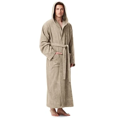 Afbeelding van Pacific Herenbadjas met capuchon, enkellengte, 100% Katoenen Badstof, Beige, L
