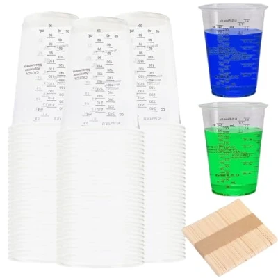 Afbeelding van 50 stuks maatbekers epoxyhars, 230 ml mengbekerset met houten roerstaafjes, transparante epoxyhars mengbekers, verfmengbekers voor vloeistoffen, mengen van hars, verf en pigment