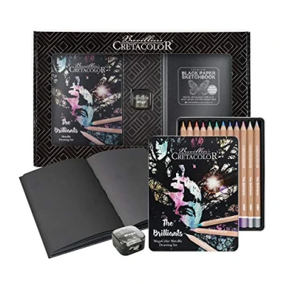 Afbeelding van CRETACOLOR &quot;The Brilliants&quot; metallic tekenset met premium tekenboek en puntenslijper in mooie verpakking, kleurrijk, 12 kleurpotloden, zachte rijke kleuropbrenging, hoogwaardig zwart