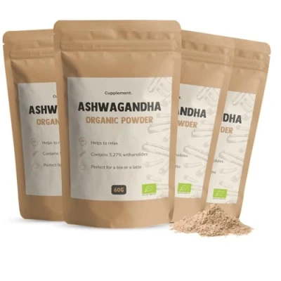 Afbeelding van Cupplement 4 Zakken Ashwagandha Poeder 60 Gram Biologisch Gratis Opschuimer &amp; Scoops Geen Capsules, Gummies of KSM66 Supplement Superfood Ashwaganda