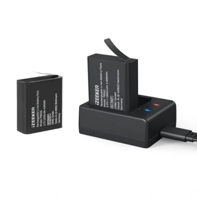 Afbeelding van iZEEKER PIBS03 Actiecamera kit, oplaadkit met twee 1350 mAh batterijen en USB lader iA100/iA200, wolfang GA100/GA120/GA200/GA300, surfola SF230/SF300/SF430, akaso EK7000/V50X/BRAVE4