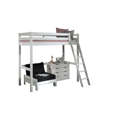 Afbeelding van Deze PINO combinatie bestaat uit een mezzanine 90x200cm wit , kommode 4 laden en zetelbed