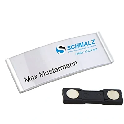 Afbeelding van Schmalz® 10 stuks edele aluminium naambordjes met sterke magneet dubbele zilver geanodiseerd professionele kwaliteit, modieus gebogen ca. 70x25mm papierlade (zilver)