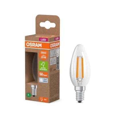 Afbeelding van Osram LED lamp in classic mini candle shape, with decorative filament frosted design, energy efficiency class A, E14, 1.2 W, 255 lm, 2700 K, warm white. 100% light straight away.