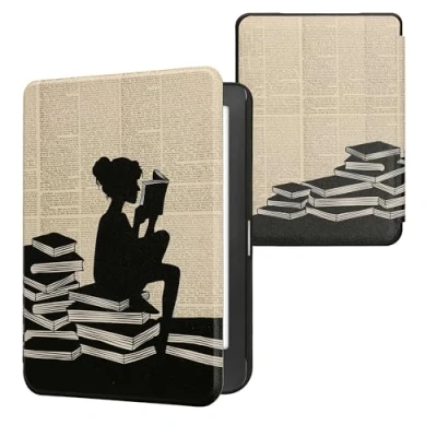 Afbeelding van kwmobile E reader hoesje geschikt voor Kobo Clara HD hoes flip case met magnetische sluiting Ereader cover Meisje boeken design in zwart / beige