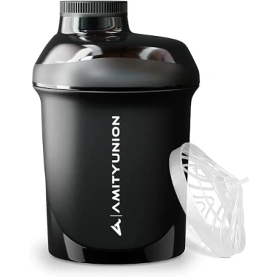 Afbeelding van AMITYUNION eiwitshaker, 400 ml, met zeef en kleine lekvrij, BPA vrij, schaal voor romige weiproteïnepoeder, shakes, BCAA concentraat, zwart