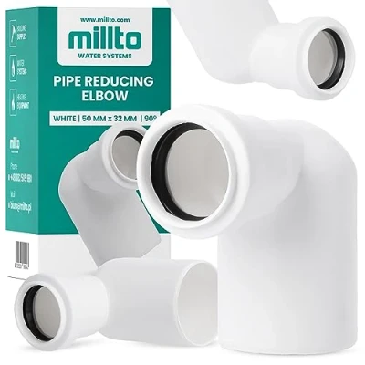 Afbeelding van Millto™ Verloopstuk, boog, 50 x 32 mm, 90 graden, wit, buisbocht, afvoer, riolering, sanitaire pijp, afvoerpijpverbinder, afvoerpijpspruitstuk, rioleringssystemen, polypropyleen