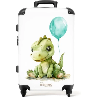 Afbeelding van NoBoringSuitcases.com® Kinderkoffer jongen Kindertrolley jongens Dino met blauwe ballon Koffer kind groot Rolkoffer lichtgewicht Reiskoffer 4 wielen Grote trolley XL 20 kg bagage