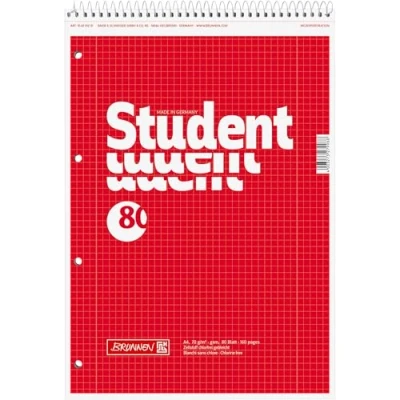 Afbeelding van Brunnen Student 106791201 Notitieblok/collegeblok (voor linkshandigen, A4, geruit, liniatuur 28, 70 g/m², 80 vellen, met spiraalvormige kop)