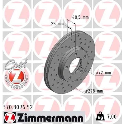 Afbeelding van ZIMMERMANN Remschijf MAZDA: 3 Hatchback, 5 SPORT COAT Z 278mm 25mm 5/5 gat 114mm interne ventilatie, Geperforeerd Gecoat High carbon