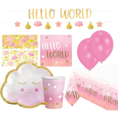 Afbeelding van Amscan Feestset Hello World Girl Papier Roze 46 delig