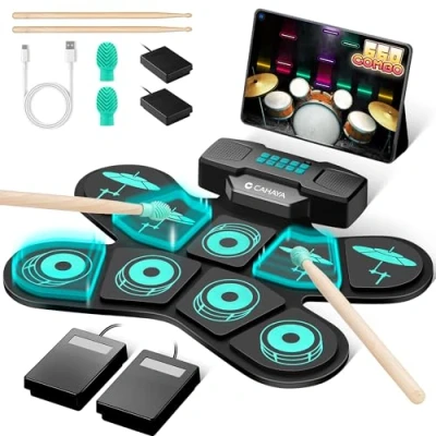 Afbeelding van CAHAYA Elektronische drumpadset: 9 draagbare elektrische oefenpads, oprolbaar, met ingebouwde luidspreker, drumsticks, voetpedalen, blauw