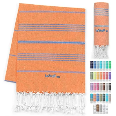 Afbeelding van LeStoff de traditionele Hamamdoek Strandlaken Badhanddoek Saunahanddoek Douchehanddoek Spa Sport Yoga Reizen 100% Biologisch Katoen. Duurzaam, natuurlijk, zacht en voorgewassen. (95 x 180 cm, Orange Sky Blue)