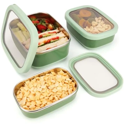 Afbeelding van Belle Vous (3 Pak) Roestvrij Stalen Voedsel Containers met Antislip Buitenkant BPA vrij Bento Lunch Opslag Doosjes Magnetron/Vaatwasser &amp; Diepvries Bestendig