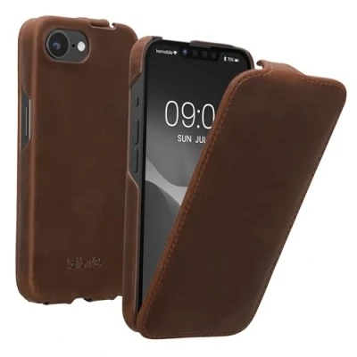 Afbeelding van kalibri flip cover geschikt voor Apple iPhone SE 2025 / 4 4. Generation ultradunne leren hoes smartphone bruin