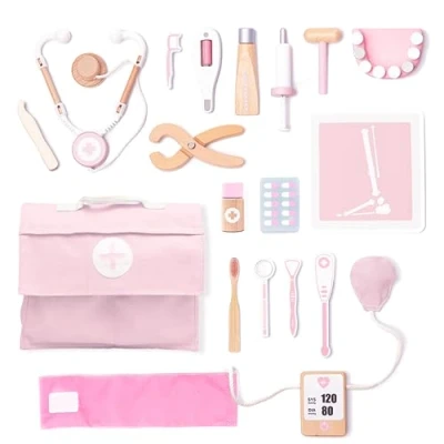 Afbeelding van UMU® Houten dokterskoffer voor kinderen, speelset met stethoscoop, bloeddrukmeter, tandarts accessoires en meer, speelgoed rollenspel, 18 stuks, medische kit kinderen vanaf 3,