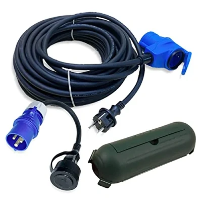 Afbeelding van CEE adapterkabelset 15 m haakse koppeling aan Schuko stekker + adapterkabel en beschermbox groen H07RN F 3 x 2,5 mm² 230 V 16 A stroomadapter campingkabelset voor camper, caravan, boot