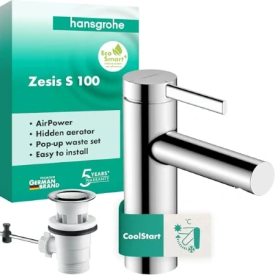 Afbeelding van hansgrohe Zesis S wastafelarmatuur met trekstangafvoer, energiebesparend (CoolStart), waterkraan badkamer uitloophoogte 104 mm, mengkraan wastafel waterbesparend (EcoSmart+), chroom, 74720000