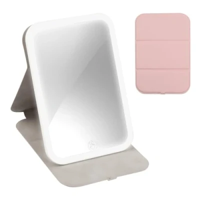 Afbeelding van Reizen make up spiegel draagbare LED verlichting 360 verlichte upspiegel touchscreen met licht 3 kleuren dimbare oplaadbaar tafelblad opvouwbare cosmetische