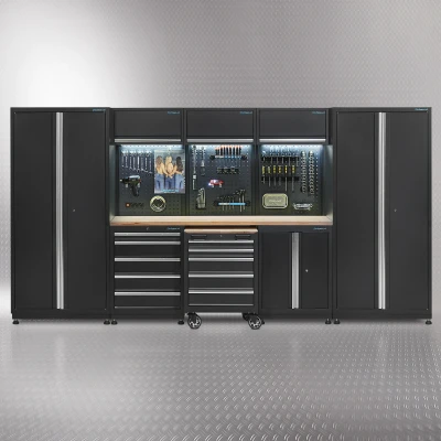 Afbeelding van Datona Werkplaatsinrichting PREMIUM Met Eiken Werkblad 385 Cm Breed (384 x 48 200 cm) Zwart