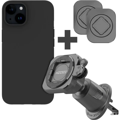 Afbeelding van Accezz EasyLock telefoonhouder auto inclusief hoesje voor de iPhone 15 Ventilatierooster 360 graden draaibaar Zwart stickers + Color Backcover