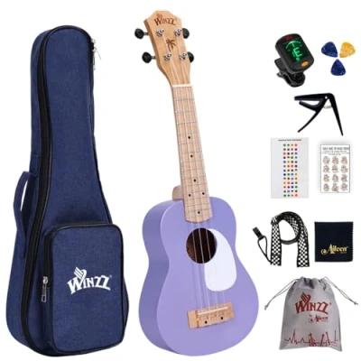 Afbeelding van Winzz Ukelele Kinderen Sopraan, Volwassen Beginners Set, 21 inch, met 9 Accessoires, Kleine Kindergitaar 4 Snaren (Kleur: Violet, Hout)