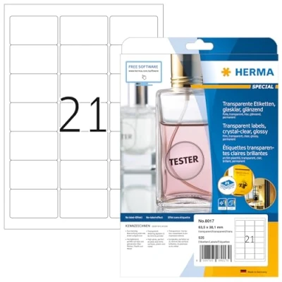 Afbeelding van HERMA 8017 weerbestendige folie etiketten A4 Transparant (63,5 x 38,1 mm, 25 vellen, polyesterfolie, glanzend) zelfklevend, bedrukbaar, permanent klevende labels, 525 voor printer,Glossy